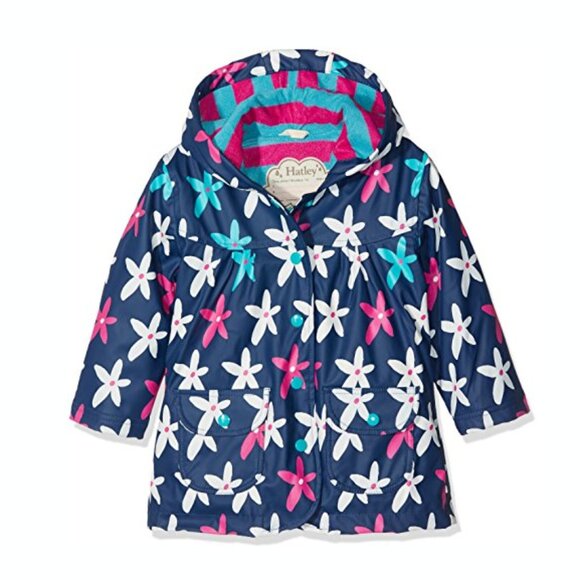 Hatley Navy Starflower Print Toddler Girls Lined Waterproof Jacket Raincoat 3T - Picture 1 of 2